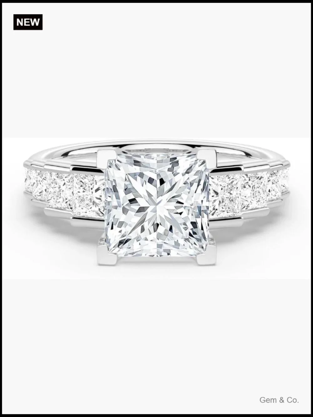 Princess Cut Moissanite Engagement Ring Sterling Silver Rhodium Plated Wedding
